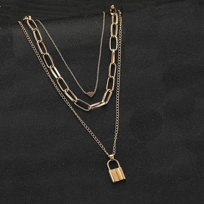 Layered Lock Necklace - 18k Gold Plated