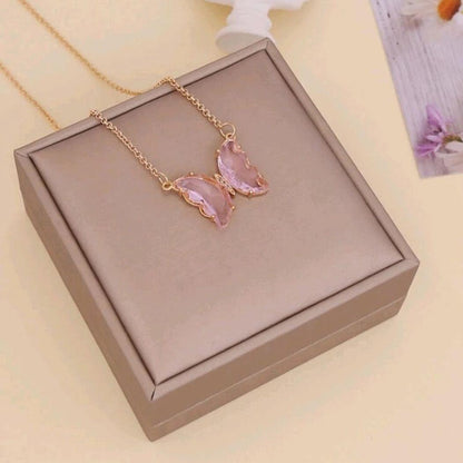 Stylish Pink Butterfly Necklace for Women with Crystals