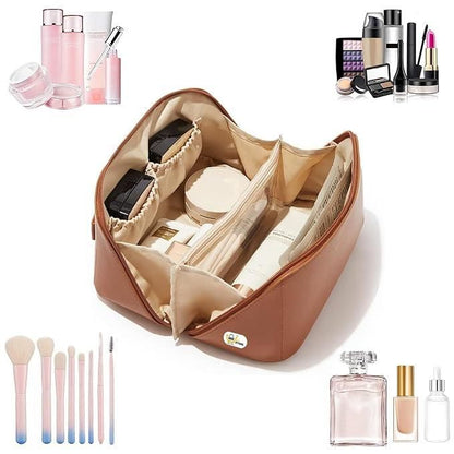 Tan Leather Cosmetic Travel Bag with Inbuilt Organizers | Double-Zipper | Waterproof Make Up-Pouch