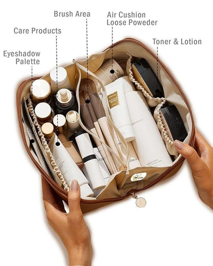 Tan Leather Cosmetic Travel Bag with Inbuilt Organizers | Double-Zipper | Waterproof Make Up-Pouch