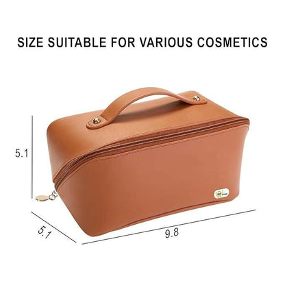 Tan Leather Cosmetic Travel Bag with Inbuilt Organizers | Double-Zipper | Waterproof Make Up-Pouch