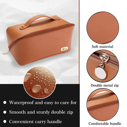 Tan Leather Cosmetic Travel Bag with Inbuilt Organizers | Double-Zipper | Waterproof Make Up-Pouch