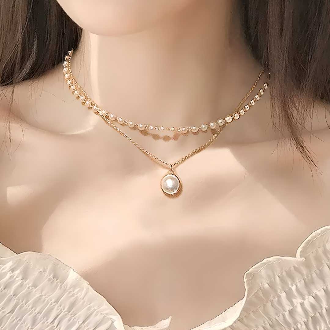 Pearl Chain Double Layered Necklace - 18k Gold Plated