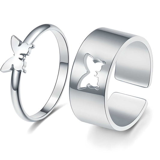 Pretty Silver Butterfly Matching Wrap Finger Couple Ring | Elegant &amp; Meaningful Gift