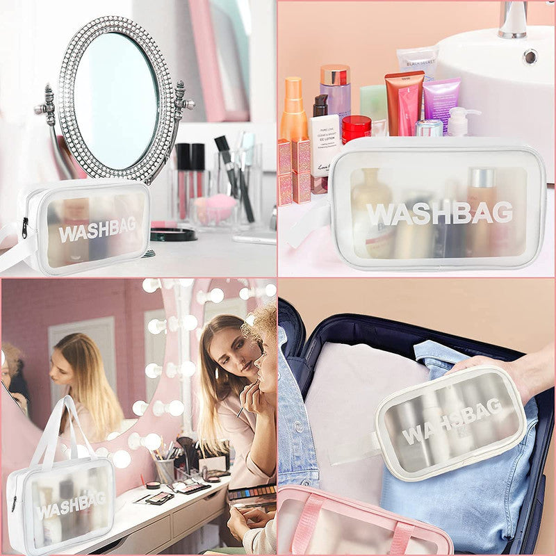 Clear Toiletry and Make Up Bag - Waterproof Zippered Cosmetic Bag (Set of 3, White)