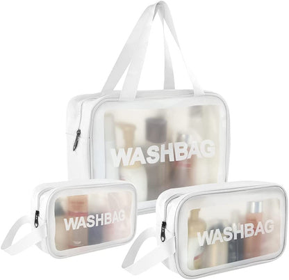 Clear Toiletry and Make Up Bag - Waterproof Zippered Cosmetic Bag (Set of 3, White)